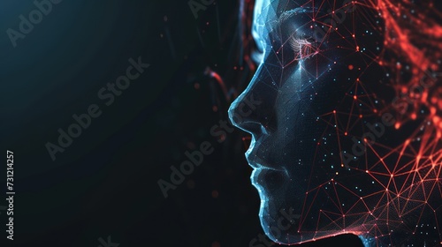 biometric facial recognition or identification technology on human head created in low poly style against black background