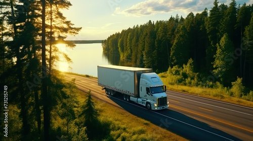 The white big rig semi truck was transporting goods on the winding lakeside road