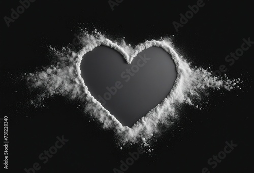 White powder in shape heart cocaine line isolated on black background top view series
