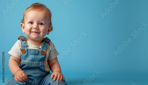 Adorable baby boy in denim overalls sitting on blue background.