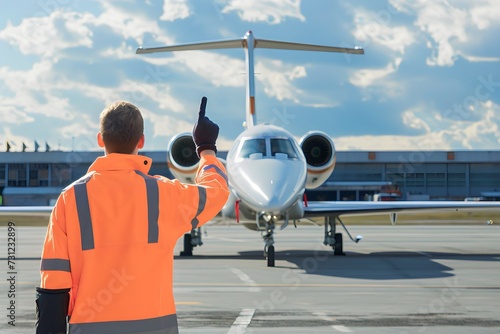 man parks the plane at the airport, Aircraft Marshal Signalling