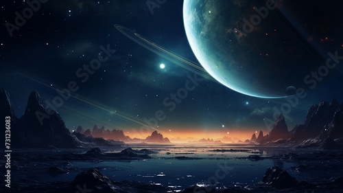 Fantasy land with uninhabited surroundings of sharp rocks and dark lake. In the night sky planet earth is seen with stars and dark sky. Fantasy picture, astro photo.