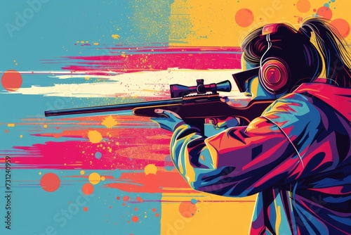 Female skeet shooter wears headphones while aiming at skeet Geometric in vector on colorful background