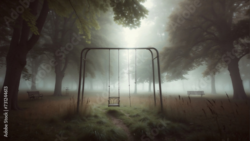 Mystischer Nebel im Park mit Schaukel und Bäumen