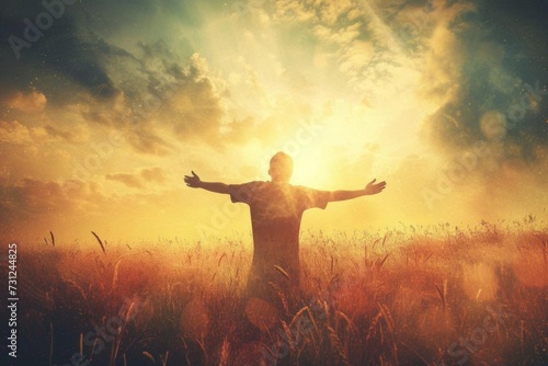Prayer and spirituality A man connecting with the divine in a field An illustration of christian faith and the holy spirit