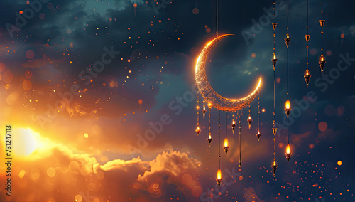 3D-rendered background with Ramadan lantern and crescent decorations