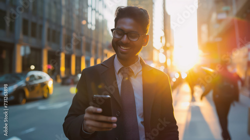 Indian businessman red headband in Manhattan using smartphone