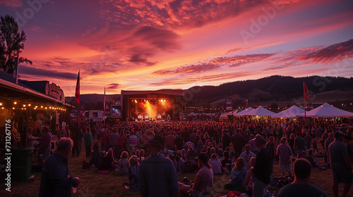 bustling outdoor music festival at sunset, crowds of people, vibrant stage lights, and a live band performing energetically