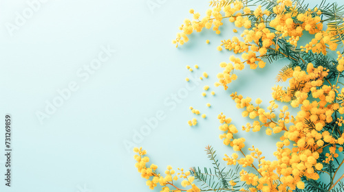 A fresh arrangement of yellow mimosa flowers in frame on a light blue background, holiday or spring theme for March 8