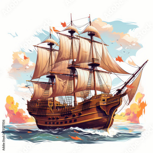 Pilgrim ship. Mayflower. Thanks giving day. Illustration.