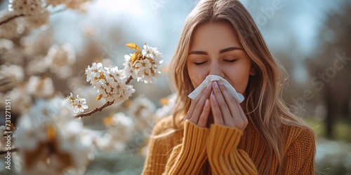 A beautiful young woman on the street sneezes into a tissue with symptoms of seasonal allergies.