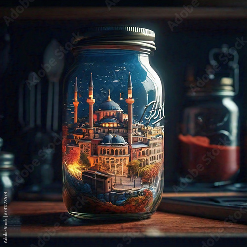 Dreamlike view of istanbul cityscape in a mason jar on kitchen counter. Istanbul city in a bottle, fantastic view
