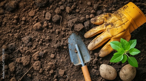 A pair of garden gloves and a trowel laid on freshly turned soil