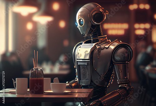 3d illustration robotic technology as waiter in modern restaurant.