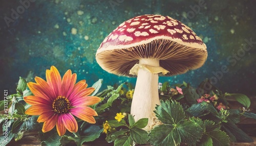 psychedelic mushroom and flower vintage style print