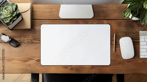 Showcase your office accessory designs with this blank mouse pad mockup on a sleek office desk. The emphasis is on the pad's size and surface texture, adding a realistic touch to your design