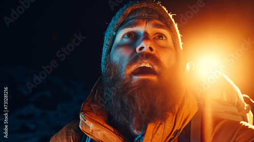 A thrill-seeking explorer in his late 30s, his weathered face adorned with a scruffy beard, exudes an electrifying enthusiasm. Clad in rugged outdoor gear, he emanates a restless excitement
