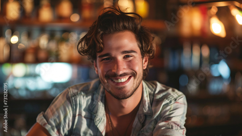 A charismatic bartender in his mid-20s, exuding warmth and approachability. With his trendy, tousled hair and welcoming smile, he effortlessly creates an inviting atmosphere at the bar.