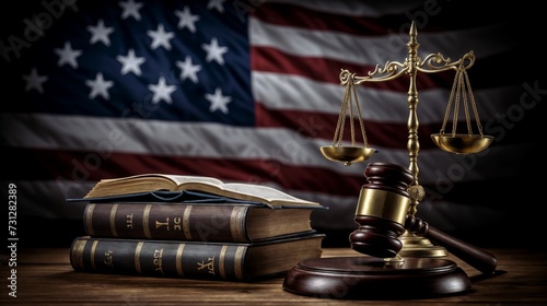 An evocative image featuring the American flag backdrop with a judicial gavel and scales of justice, symbolizing the United States legal system.