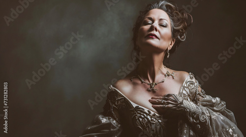 A mesmerizing and powerful classical opera singer in her 40s captivates the audience with her emotive performance. Dressed in a stunning, lavish gown, she exudes elegance and grace.