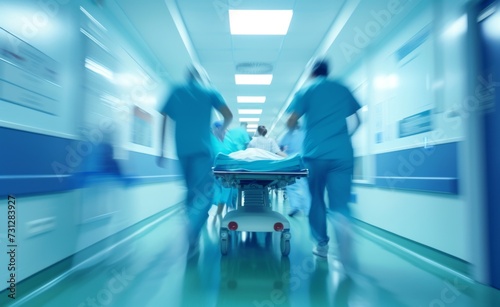 A blurry motion image of a critical patient being swiftly transported on a stretcher by a team of medical professionals in a hospital hallway.