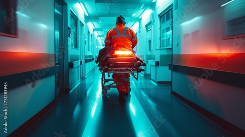 A paramedic in high-visibility clothing urgently pushes a patient on a stretcher through the brightly lit corridors of a medical facility.