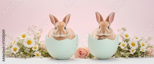 two Easter bunnies hatching out of an Easter egg Hare with daisies flowers on pastel background Happy Easter banner with cute rabbit Generative AI