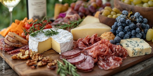 Picnic served outside with a bottle of wine, cheese, grapes, salami on a wooden board