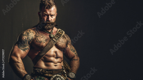A rugged and muscular highland games athlete in his late 30s, radiating an aura of untamed strength and deep cultural pride. Dressed in a traditional kilt and a fitting T-shirt, he stands ta