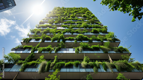 A stunning high-rise green building with lush living walls and state-of-the-art renewable energy systems to reduce its environmental impact.