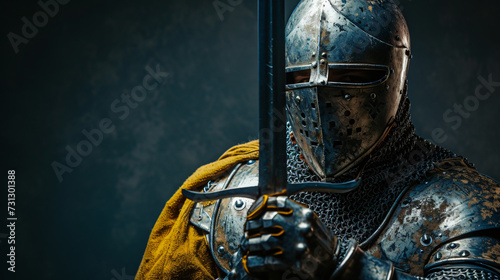 A gallant medieval knight reenactor in his late 30s, donning a suit of armor, exudes an aura of chivalrous valor. His noble appearance and unwavering determination bring history to life.