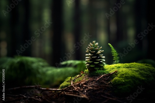 A pine cone in forest, copy space background wallpaper