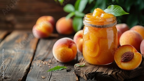 On a wooden table, a jar of canned peaches and fresh peaches are presented side by side large copyspace area,