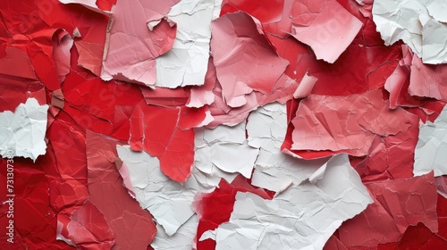 Art collage of pieces of ripped paper with torn edges. Sticky notes collection red burgundy white colors, shreds of notebook pages. Abstract background
