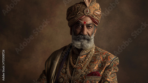 A regal Indian Maharaja in his 50s, exuding opulent majesty as he dons a traditional turban and a magnificently adorned sherwani.