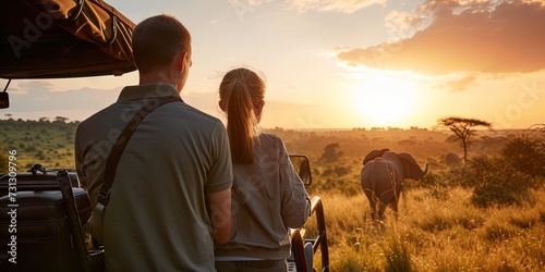 Couple exploring African grasslands during a safari expedition advanture