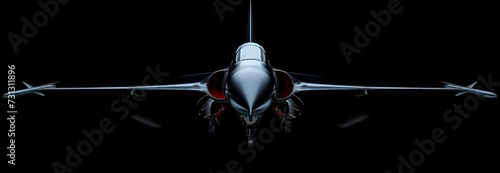 Fotografia en clave baja de un avión de combate moderno con fondo negro.
