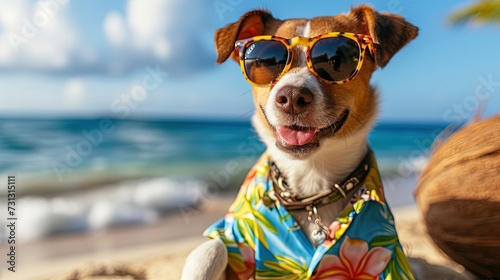 Dog wearing Hawaiian shirt and sunglasses enjoying a tropical cocktail on the beach during spring break and summer vacation