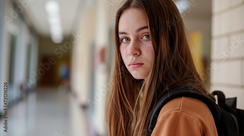 Garota com olhar triste e chateado na escola 