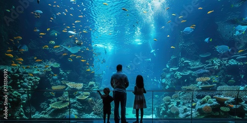 Silhouette of a family enjoying the aquarium - bright blue water filled with tropical fish and sea life