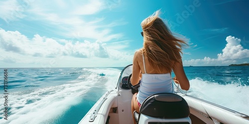 Young woman piloting speedboat across the ocean waves on a bright and sunny afternoon day