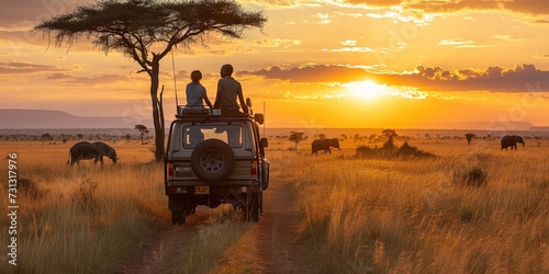 Tourist couple on an African safari to view wildlife in an open grassy field as the sun comes up. 