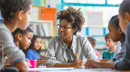 A passionate teacher engages a diverse classroom of students, fostering a vibrant atmosphere of education and learning. The students eagerly participate, absorb knowledge, and develop critic