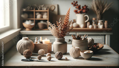 A clean, simple, realistic photograph of homemade decorations and craft supplies for home embellishment
