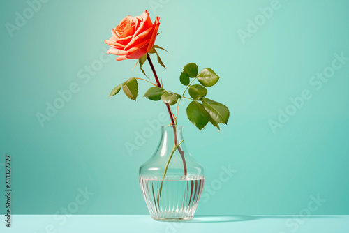 beautiful bouquet oink and white roses in a glass vase on a green background.