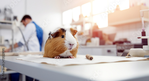 Cute curious guinea pig in a veterinary clinic sitting on a table and looking at camera. Scientific laboratory interior. Testing on animals concept 