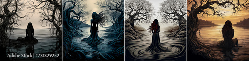 The illustration shows a beautiful woman with long flowing hair. Flowing hair turns into a river and a winding tree. The illustration is made in black and melancholic colors. Causes sadness.