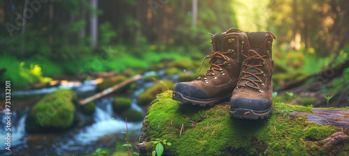 Panoramic view of a pair of hiking boots resting on a mossy log in a lush forest with a summer stream, perfect for outdoor and nature-themed concepts.