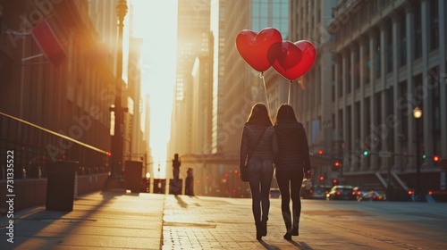 Amidst the bustling city, two women in stylish clothing and footwear stroll along the sidewalk, their bright red balloons bobbing in the light as they pass by buildings and the busy street below