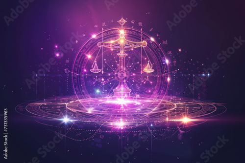 Libra zodiac sign against horoscope wheel. Astrology calendar. Esoteric horoscope and fortune telling concept.